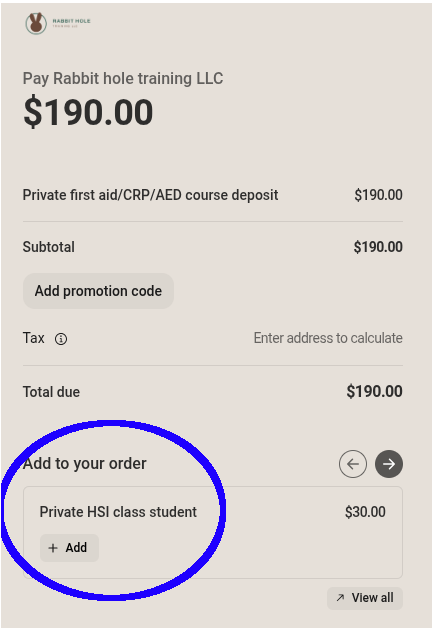 Stripe checkout page for the private First Aid/CPR/AED session, showing the $190 base fee charged and the "Add to your order" section with a $30 Private HSI class student item that can be added